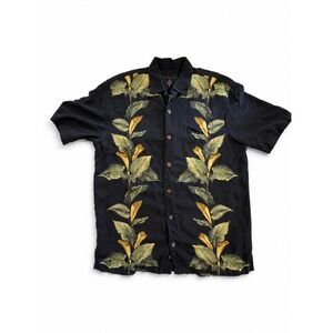 Tommy Bahama Mens %100 Silk Shirt Black Tropical Leaf Floral Short Sleeve L